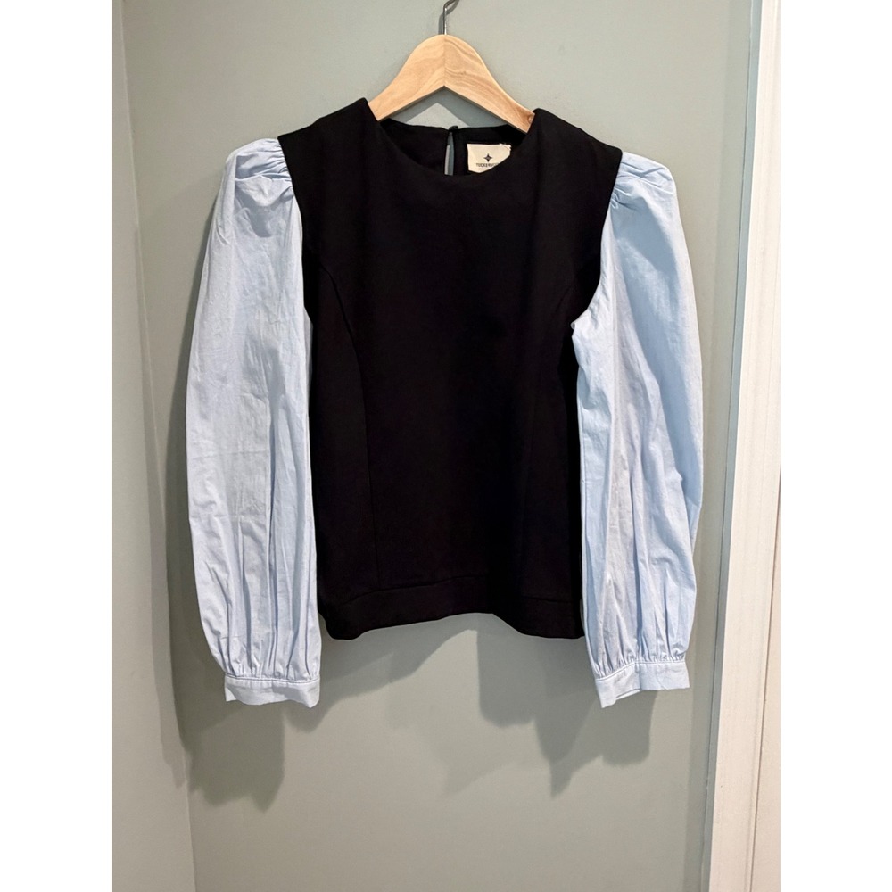 Tuckernuck Womens Mixed Media Puff Sleeve Blouse Black Blue Size M - Picture 3 of 9
